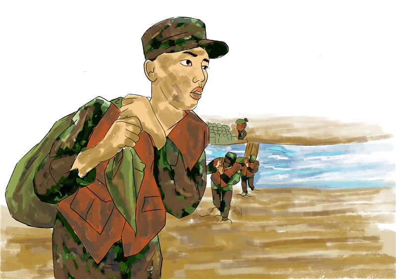 抗洪情況嚴峻，為運沙袋，子弟兵們渾身是泥，里外濕透、抗洪搶險。.jpg